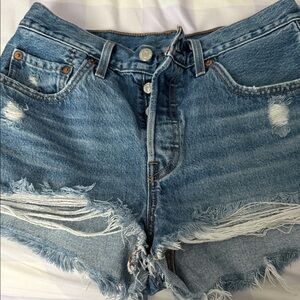 Distressed medium Blue High-Rise Denim Shorts
